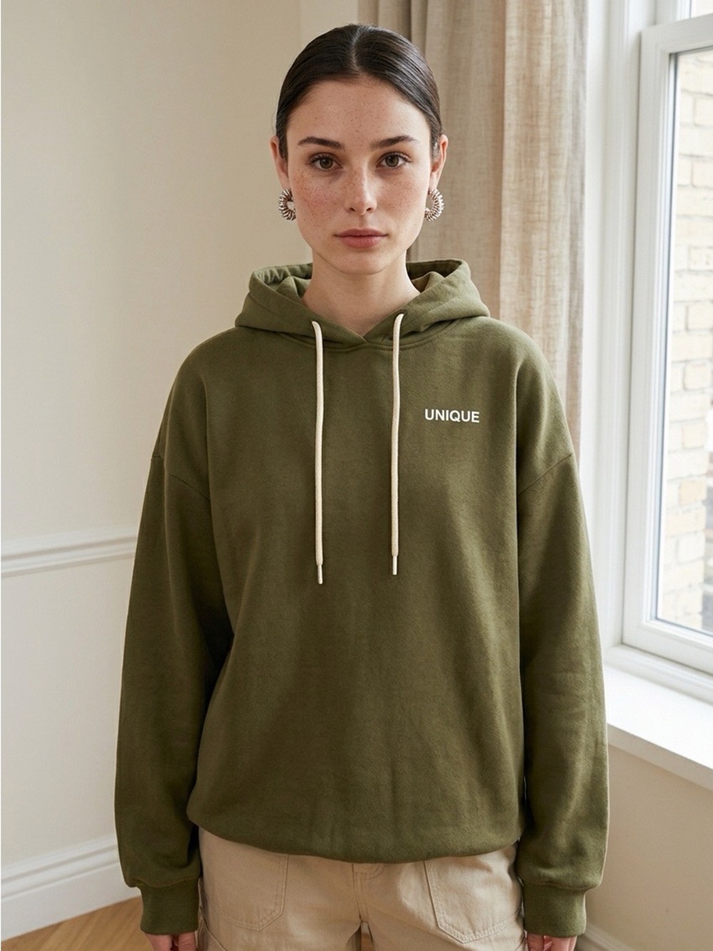Woman’s ‘Unique’ Logo Olive Green Pullover Hoodie w/Empowerment Quote M